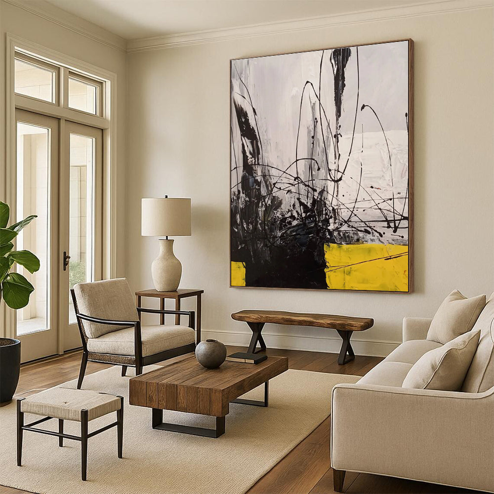 Hand-Painted Black, White, Yellow Abstract Lines and Textures Art PT221