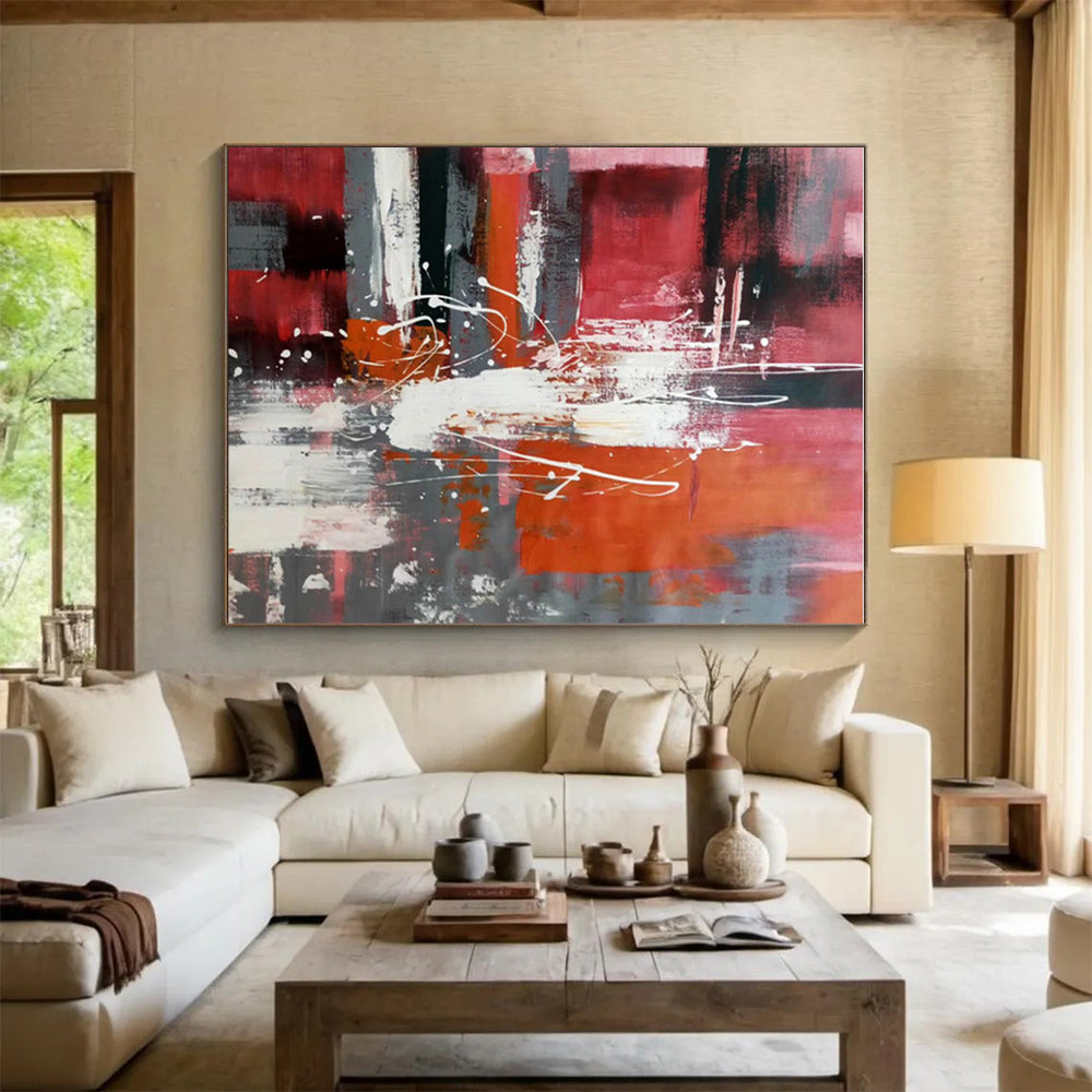 Large Painting In Living Room Red Orange Gray Textured Abstract Art PT400