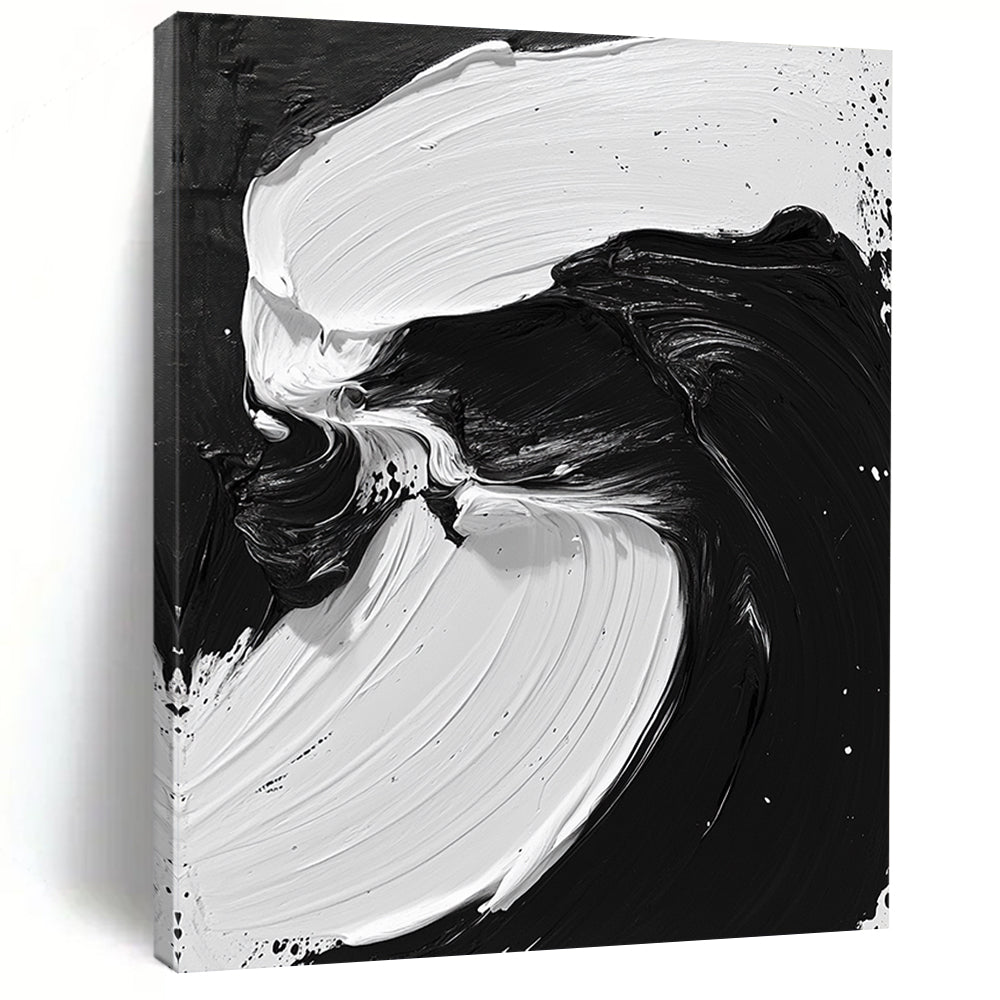 Custom Large Abstract Art For Living Room With Black, White Fluid Brushstrokes On Canvas PT195