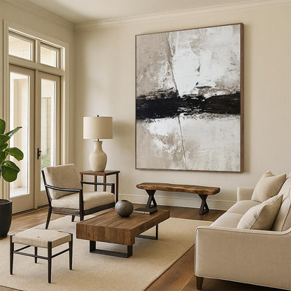 Minimalist Canvas Art in Black, White, and Beige, Handmade Art PT007