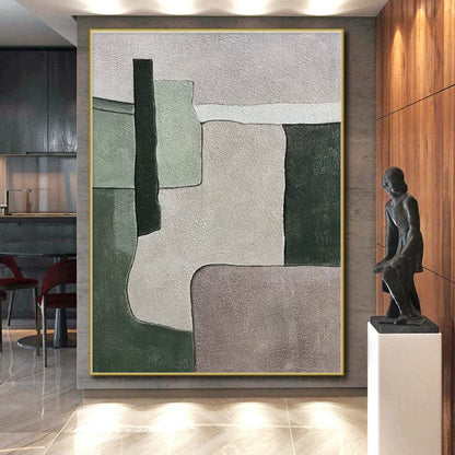 Large Painting In Living Room Green Gray Abstract Geometric Acrylic Art PT436