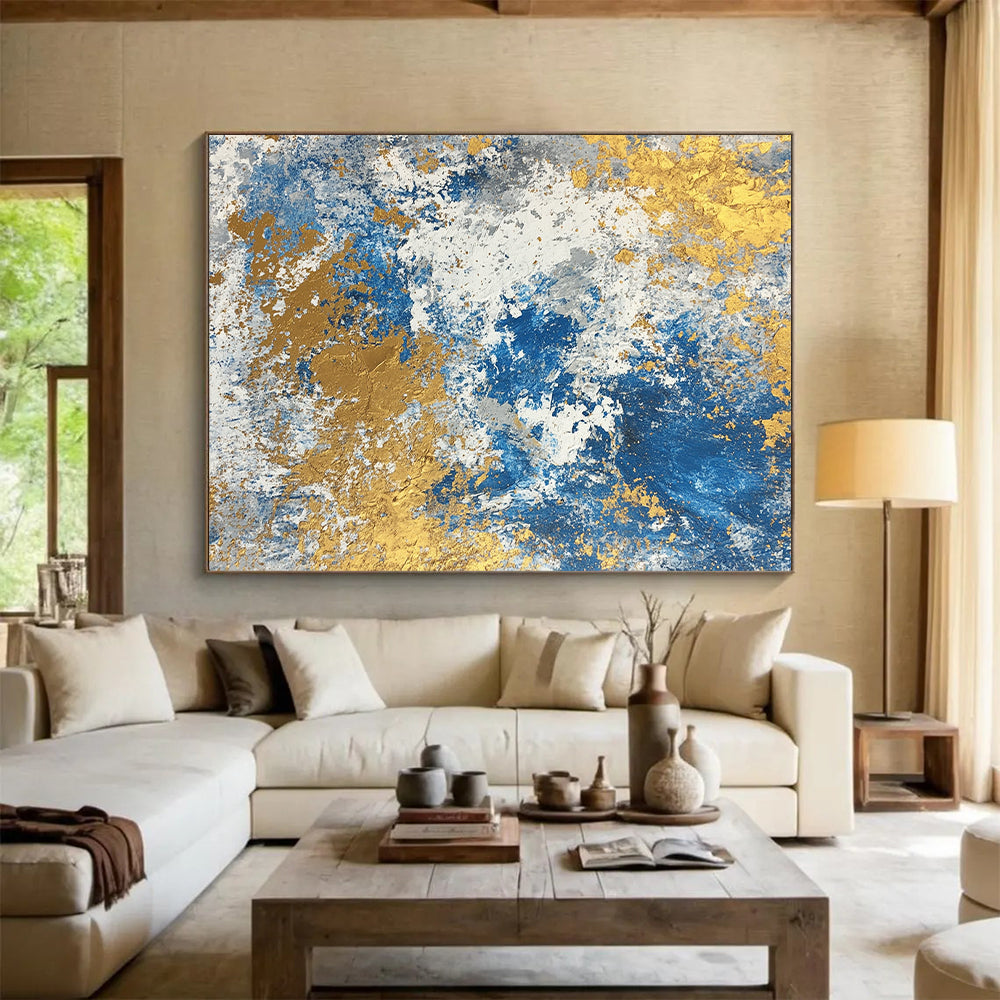Acrylic Modern Art Paintings Blue, Gold & Gray Textured Abstract Painting On Canvas PT117