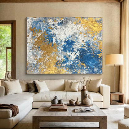 Acrylic Modern Art Paintings Blue, Gold & Gray Textured Abstract Painting On Canvas PT117