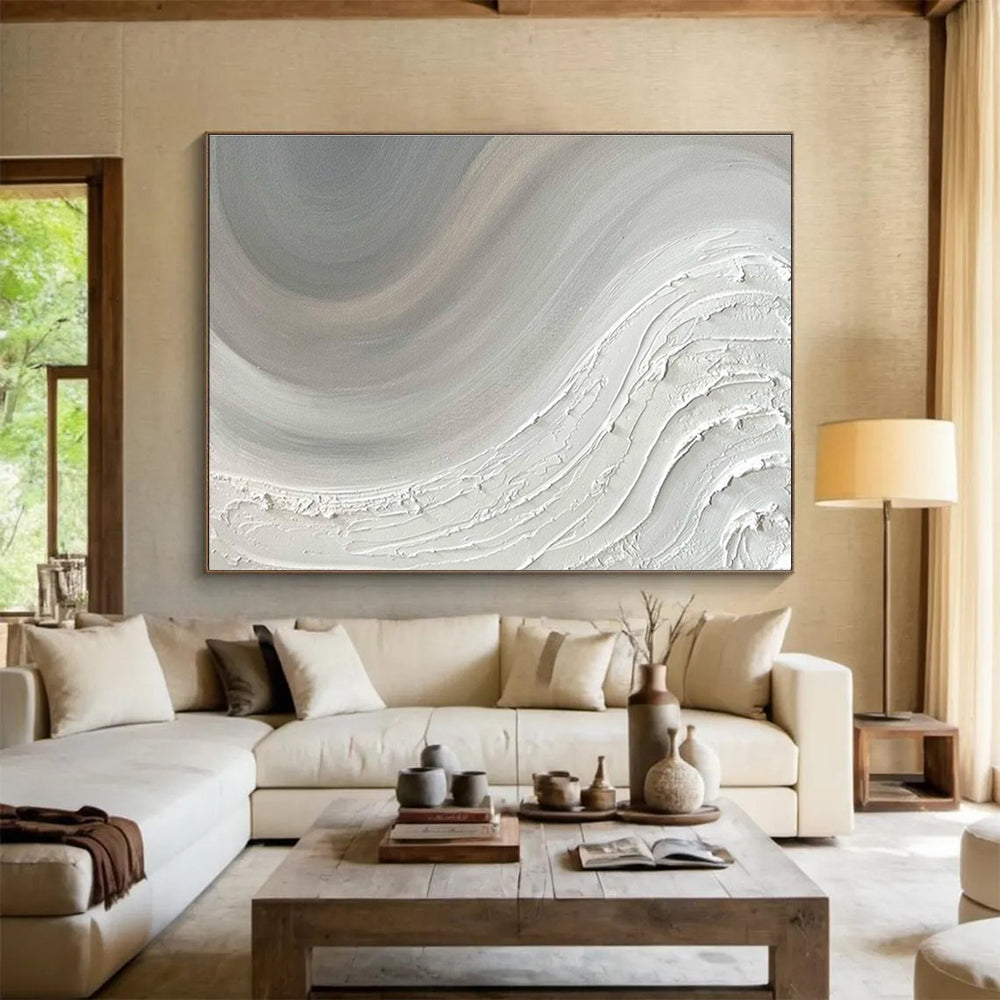 Huge Size White and Gray Textured Abstract Wave Art HPS343