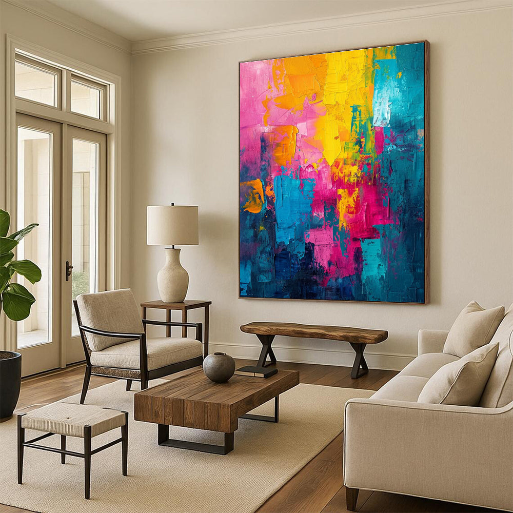 Acrylic Modern Art Paintings in Vibrant Pink, Yellow, Teal, and Blue PT224