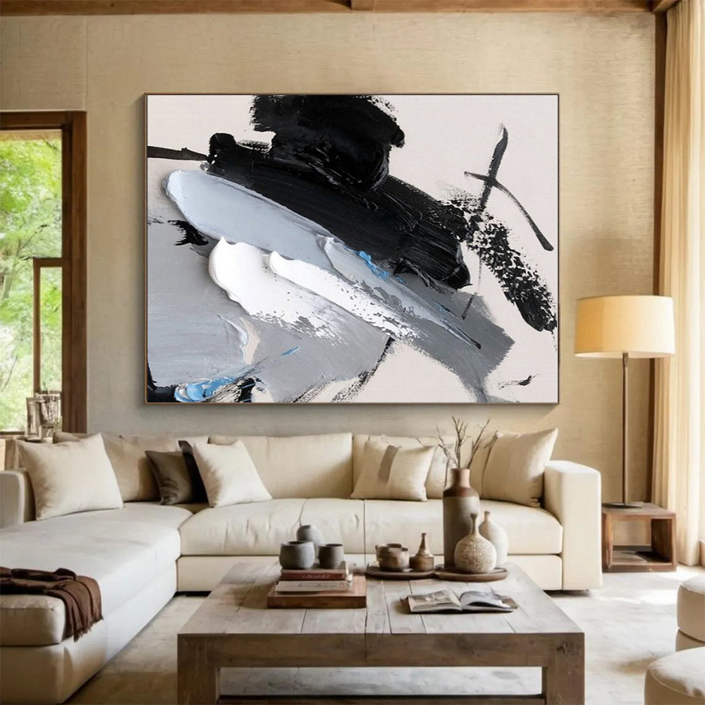 Acrylic Modern Art Paintings - Black, Gray, White & Blue Textured Abstract Art PT585