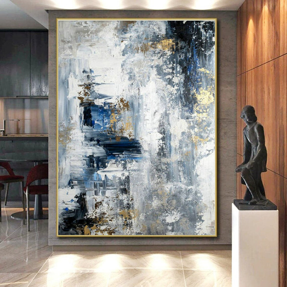 Handmade Art Blue, Gray, and Gold Textured Abstract Art PT770