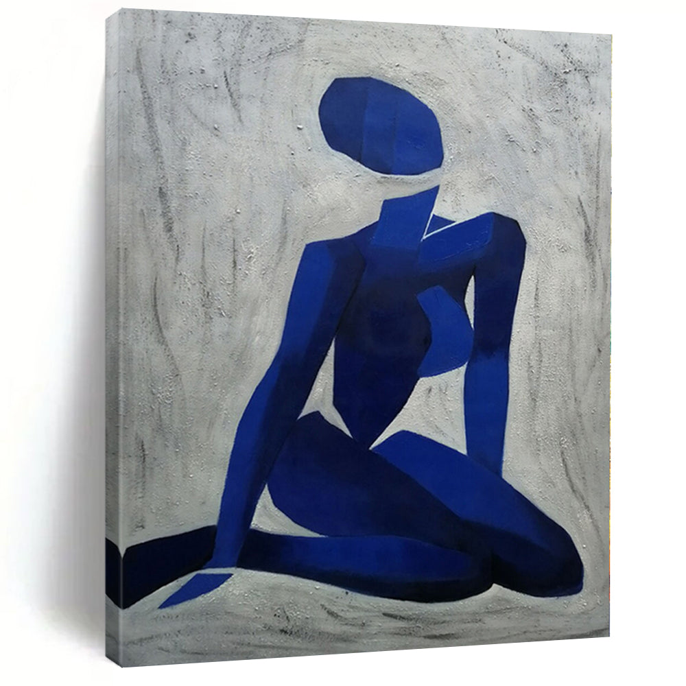 Hand-Painted Blue and White Geometric Figure Abstract Portrait Painting DPS426