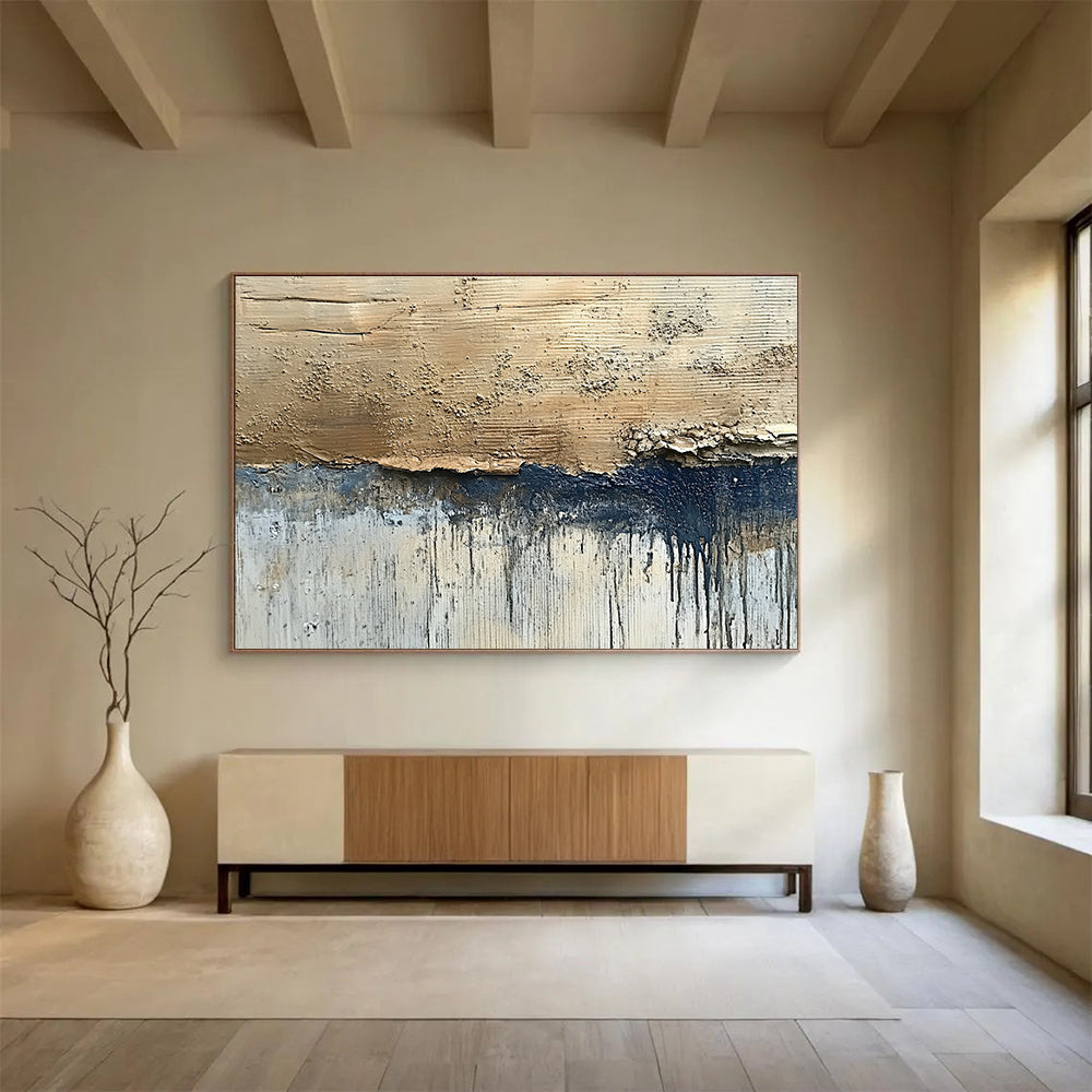 Hand-Painted Beige, Navy & Gray Textured Abstract Painting HPS281