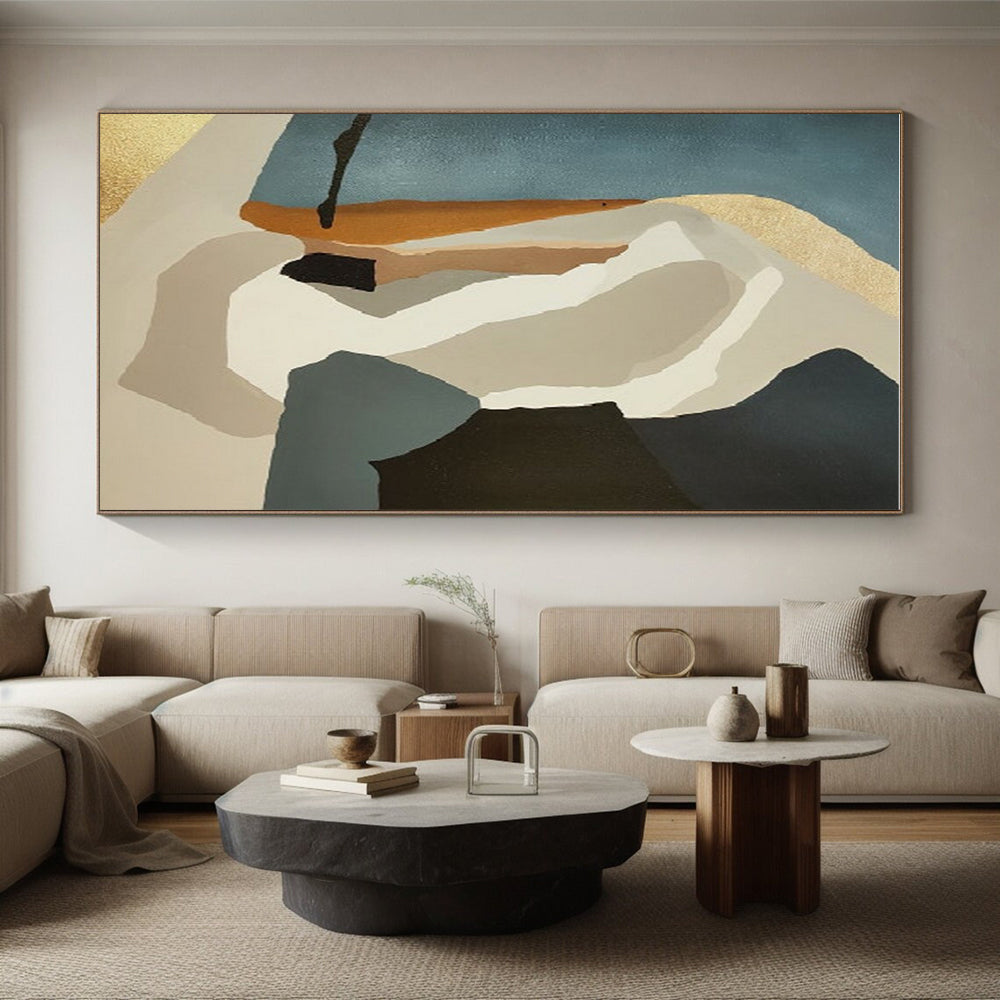 Minimalist Canvas Art in Teal, Beige, Brown, and Gold Geometric Abstract Shapes PT235