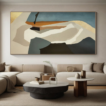 Minimalist Canvas Art in Teal, Beige, Brown, and Gold Geometric Abstract Shapes PT235