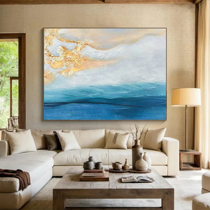 Hand-Painted Blue, White, and Gold Abstract Seaside Sunset Art HPS341