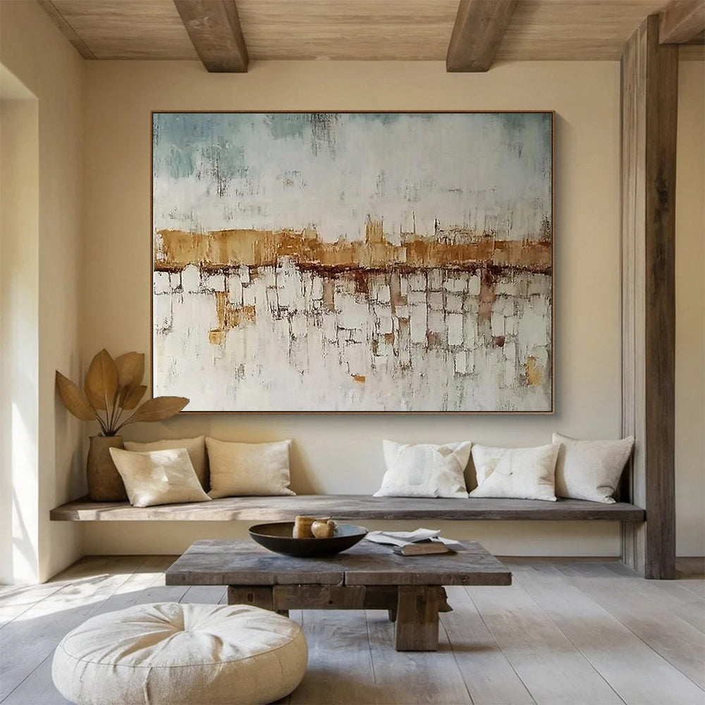 Hand-Painted Beige, Blue & White Textured Cityscape Abstract Painting HPS241