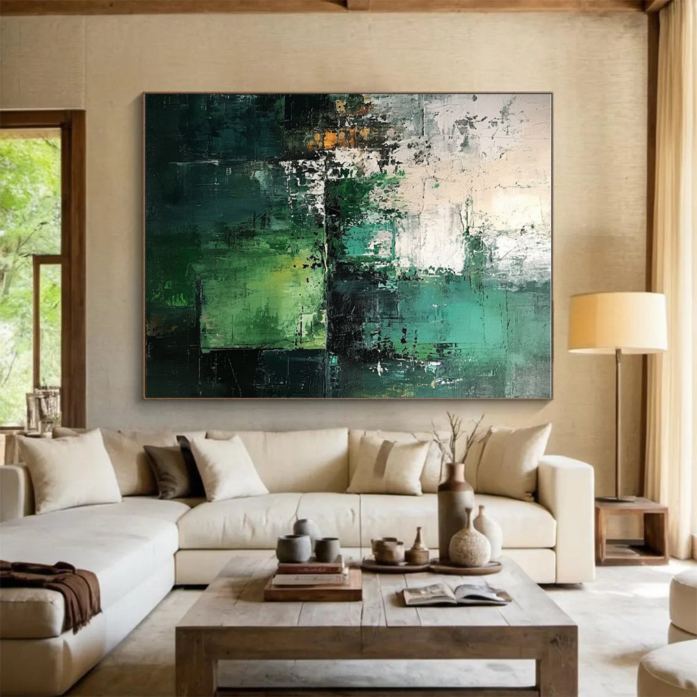 Hand Painting Multilayered Green, Teal, and White Abstract Work, Modern Art Acrylic PT202