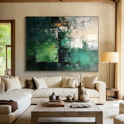 Hand Painting Multilayered Green, Teal, and White Abstract Work, Modern Art Acrylic PT202