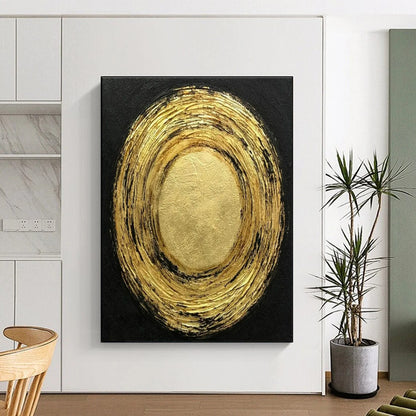 Oversized Abstract Wall Art Gold and Black Textured Circular Abstract Art PT805