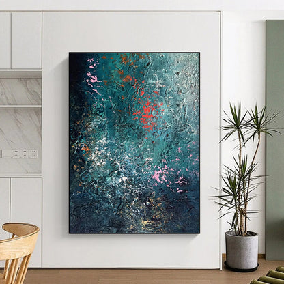 Unique Abstract Art in Teal, Red, Pink, and White Textural Abstract Sea-Inspired Painting On Canvas PT275