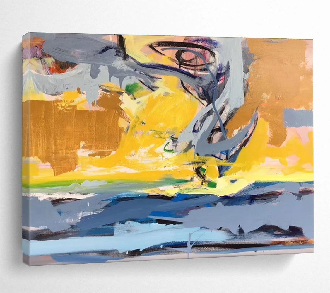 Modern Art Acrylic Yellow, Gray & Blue Abstract Energetic Art HPS189