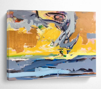 Modern Art Acrylic Yellow, Gray & Blue Abstract Energetic Art HPS189