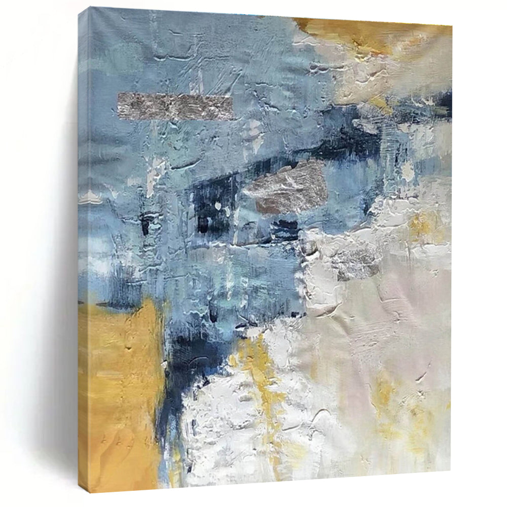 Handmade Art in Blue, Grey, Yellow, and White Abstract Textural Layers PT250