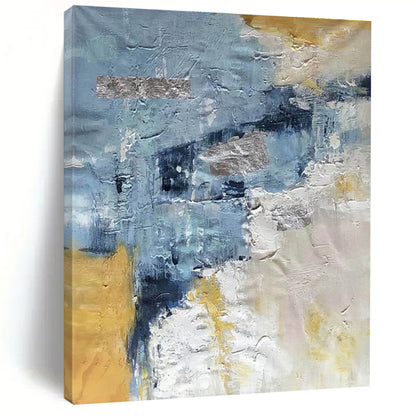 Handmade Art in Blue, Grey, Yellow, and White Abstract Textural Layers PT250