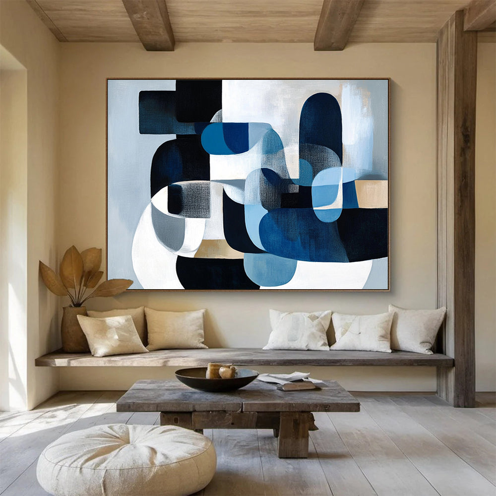 Large Size Blue, Black, White & Beige Geometric Abstract Painting HPS252