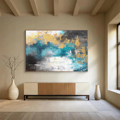 Large Size Teal & Gold Abstract Modern Art Acrylic On Canvas HPS004