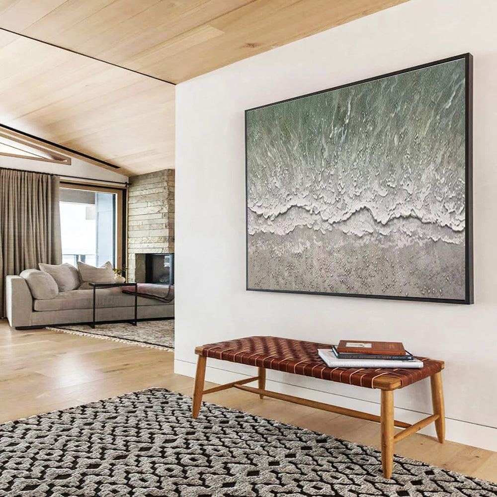 Large Contemporary Wall Art Green and White Textured Abstract Seaside Art HPS386