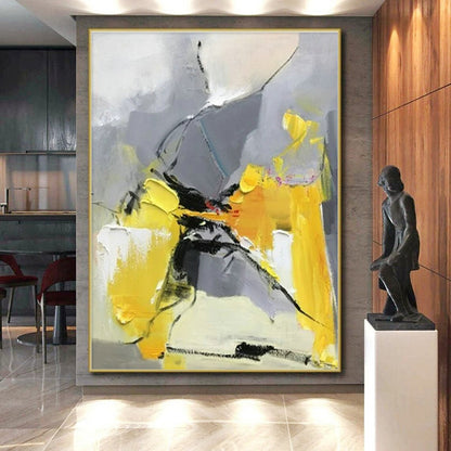 48x60 Yellow and Gray Abstract Expressive Work, Oversized Abstract Wall Art PT526
