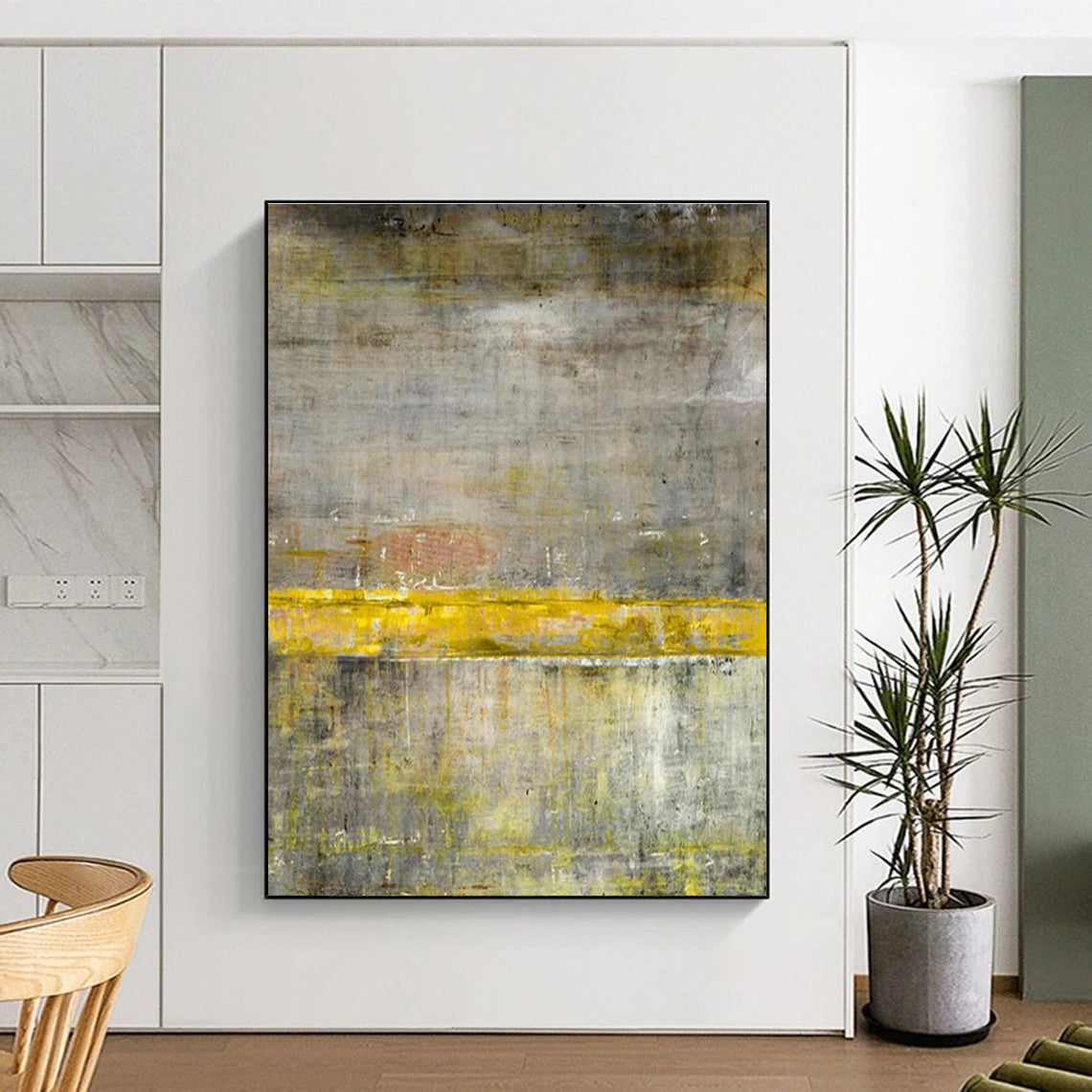 Large Size Gray Yellow Textured Abstract Minimalist Art PT344