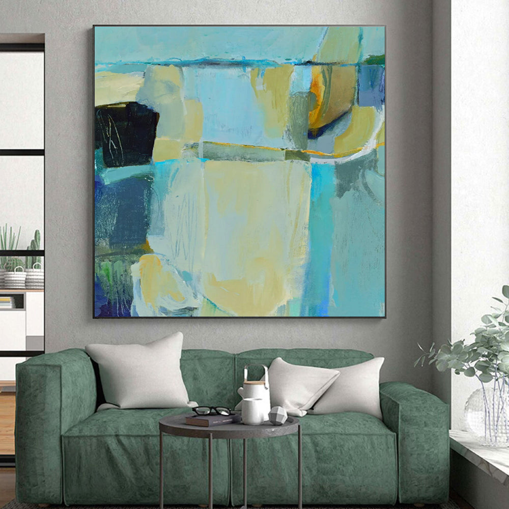 Cool Abstract Paintings Blue, Beige, and Green Geometric Abstract Art PT747
