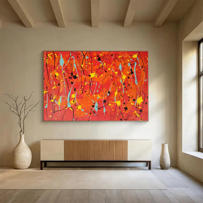 Hand Painted Art Vibrant Red, Orange, Yellow & Teal Splatter Abstract Painting On Canvas HPS075