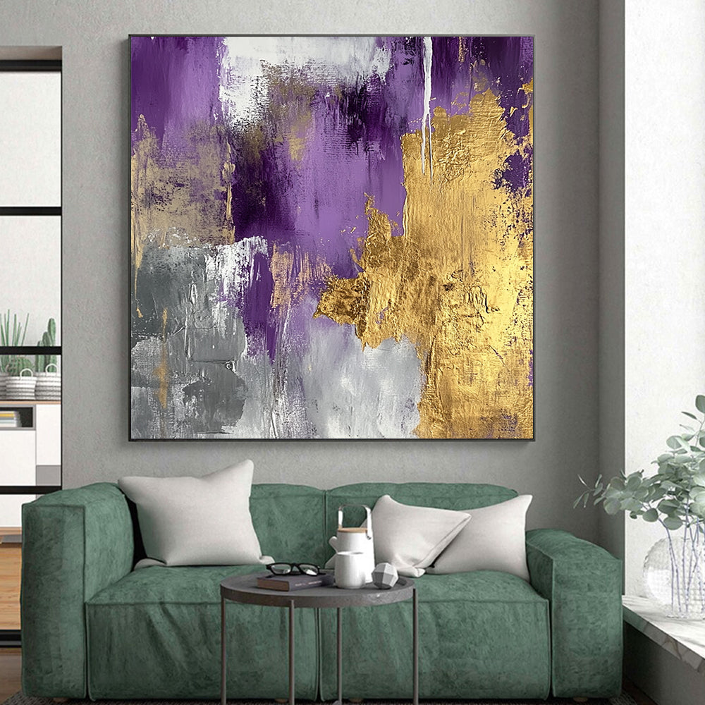 Hand Painting Purple, Gold & Gray Textured Abstract Painting On Canvas PT112