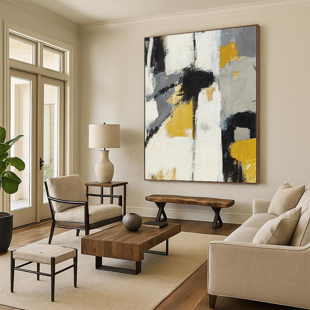 Modern Art Acrylic Gray, Yellow & Black Textured Abstract Painting On Canvas PT089