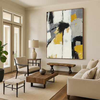 Modern Art Acrylic Gray, Yellow & Black Textured Abstract Painting On Canvas PT089