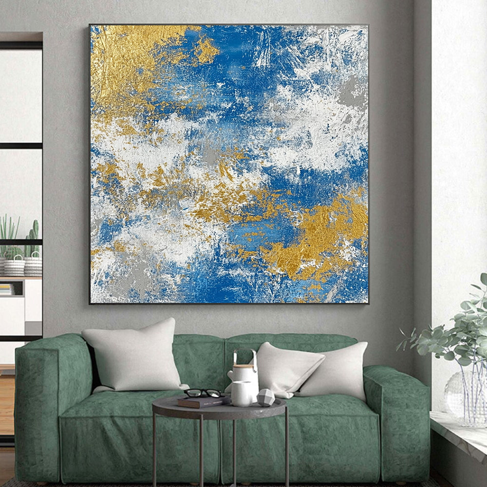 Oversized Abstract Wall Art Blue, Gold & Gray Textured Abstract Painting On Canvas PT118
