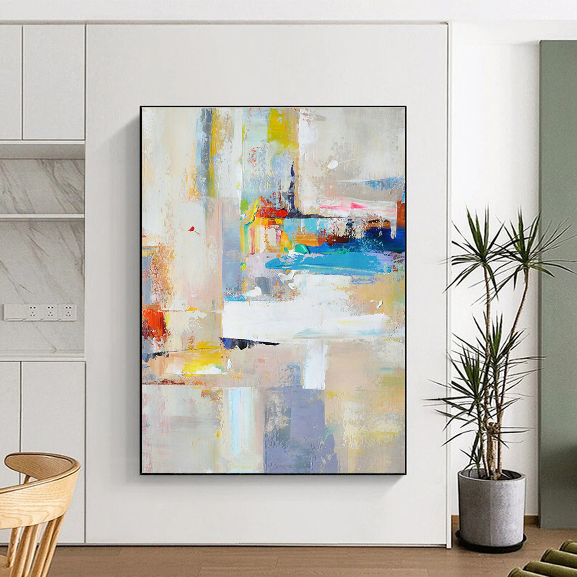 Acrylic Modern Art Paintings in Multicolor (Blue, Yellow, Red, White, Grey) Abstract Urban Compositions Painting On Canvas PT274