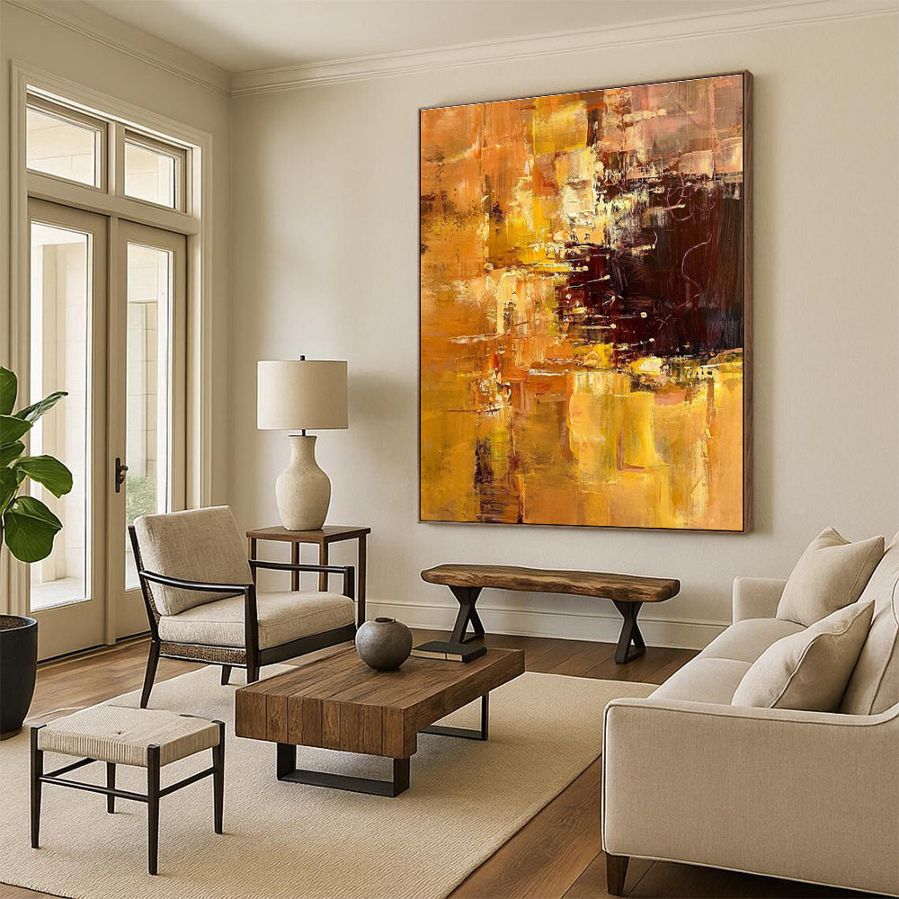 Large Painting In Living Room Orange Brown Abstract Expressionist Oil Painting PT350