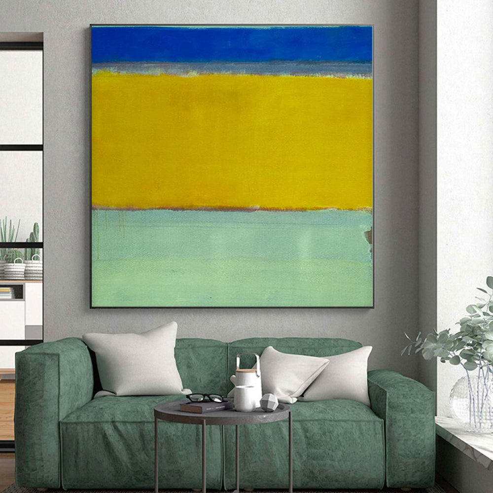 Hand Painted Art Blue, Yellow & Gray Color Field Abstract Painting On Canvas PT105