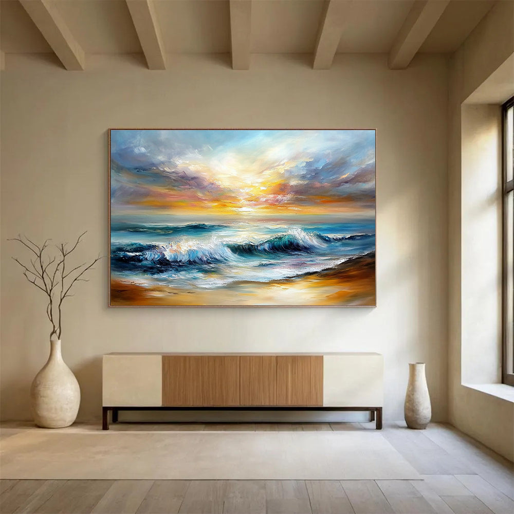 Huge Size Multicolor (Blue, Orange, Yellow) Coastal Sunset Abstract Acrylic Painting HPS243
