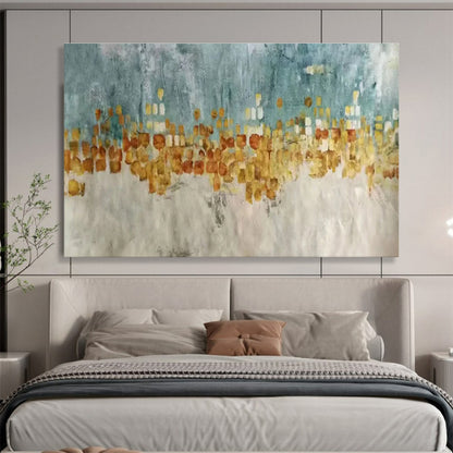 Oversized Abstract Wall Art Teal, Gold, and Beige Abstract Cityscape Art HPS367