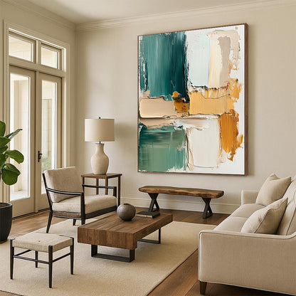 Big Abstract Painting On Canvas, Teal Beige Orange Abstract Textured Art On Canvas PT173