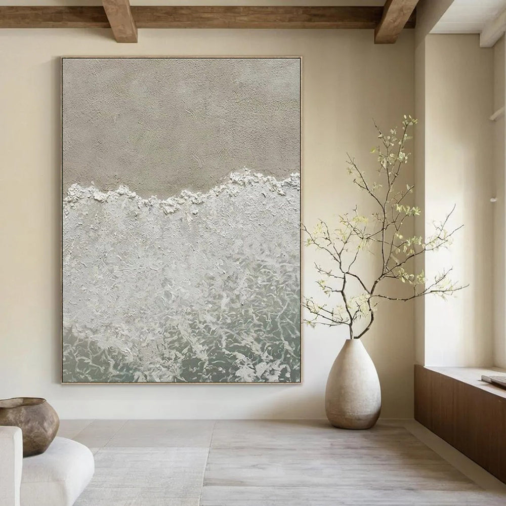 Large Painting In Living Room Gray, White, and Green Textured Abstract Seaside Art DPS480