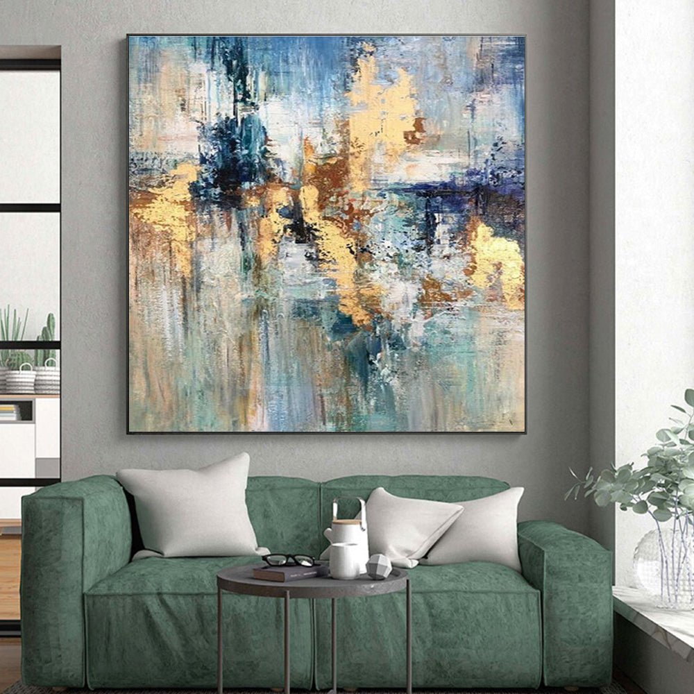 Oversized Abstract Wall Art Blue Gold Modern Acrylic Artwork PT440
