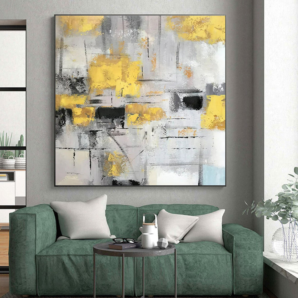 Large Size Yellow, Gray, and Black Textured Abstract Art PT749