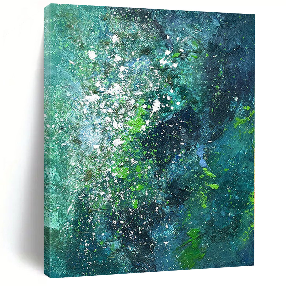 Acrylic Modern Art Paintings in Teal, Green, and White with Splattered Details PT015