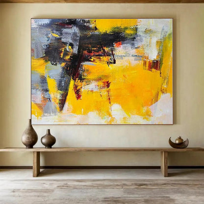 Hand-Painted Yellow, Gray & Black Dynamic Abstract Painting On Canvas HPS101