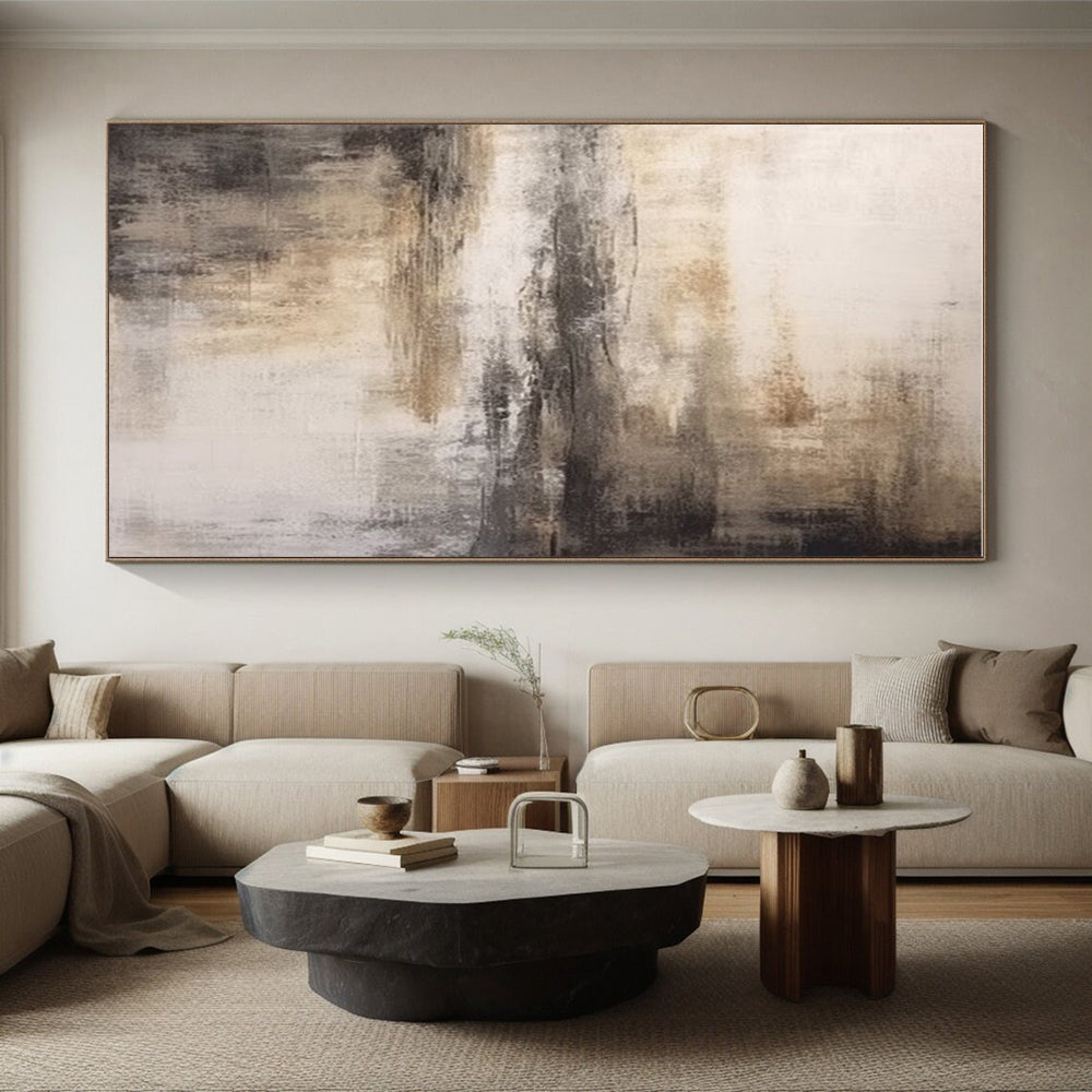Minimalist Canvas Art in Beige, Grey, and Brown Abstract Misty Landscape Painting PT264