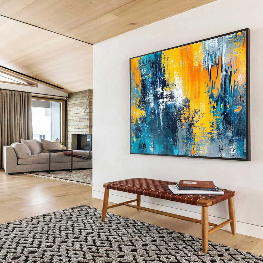 Hand-Painted Teal, Yellow, Orange & Gray Dynamic Abstract Painting HPS267