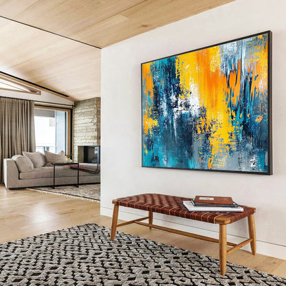 Hand-Painted Teal, Yellow, Orange & Gray Dynamic Abstract Painting HPS267